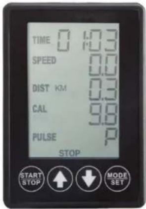 TIME 0 1.03 SPEED 0.0 DIST KM 0.3 CAL 9.8 PULSE P STOP START STOP ↑ ↓ MODE SET