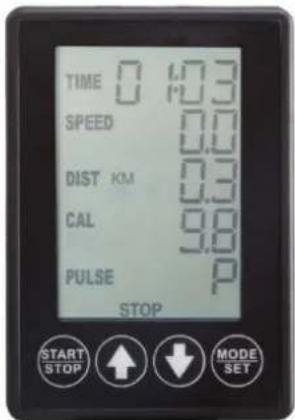 TIME 0 1.3 SPEED 0.0 DIST KM 0.3 CAL 9.8 PULSE P STOP START STOP ↑ ↓ MODE SET