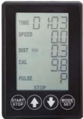 TIME 0 1.3 SPEED 0.0 DIST KM 0.3 CAL 9.8 PULSE P STOP START STOP ↑ ↓ MODE SET