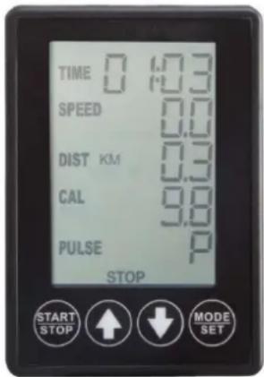 TIME 0 1.3 SPEED 0.0 DIST KM 0.3 CAL 9.8 PULSE P STOP START STOP ↑ ↓ MODE SET