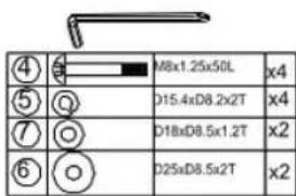 ④ M8x1.25x50L x4 ⑤ D15.4xD8.2x2T x4 ⑦ D18xD8.5x1.2T x2 ⑥ D25xD8.5x2T x2