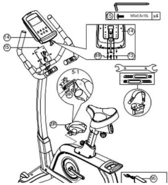 Technical diagram of an exercise bike with labeled parts and component annotations in Chinese