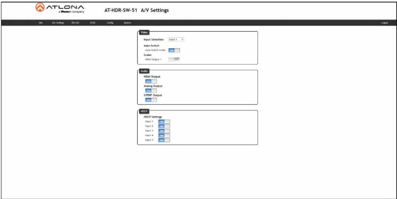 ATLONA a Power company AT-HDR-SW-51 A/V Settings info A/V Settings RS-232 EVDI Control Systems Video Input Selection Input 1 Auto Switch Auto Switch mode Scaler HDMI Output 1 Audio HDMI Output Analog Output S/PDIF Output HDCP HDCP Settings Input 1 Input 2 Input 3 Input 4 Input 5