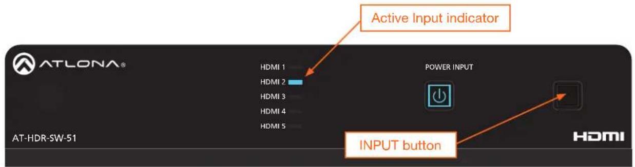 ATLONA® HDMI 1 HDMI 2 HDMI 3 HDMI 4 HDMI 5 Active Input indicator POWER INPUT INPUT button AT-HDR-SW-51 HDMI