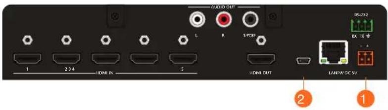 AUDIO OUT L R SPOIF 1 234 HDMI IN 5 HDMI OUT RS0132 RX TX # - + LANFW DC 9V ② ①