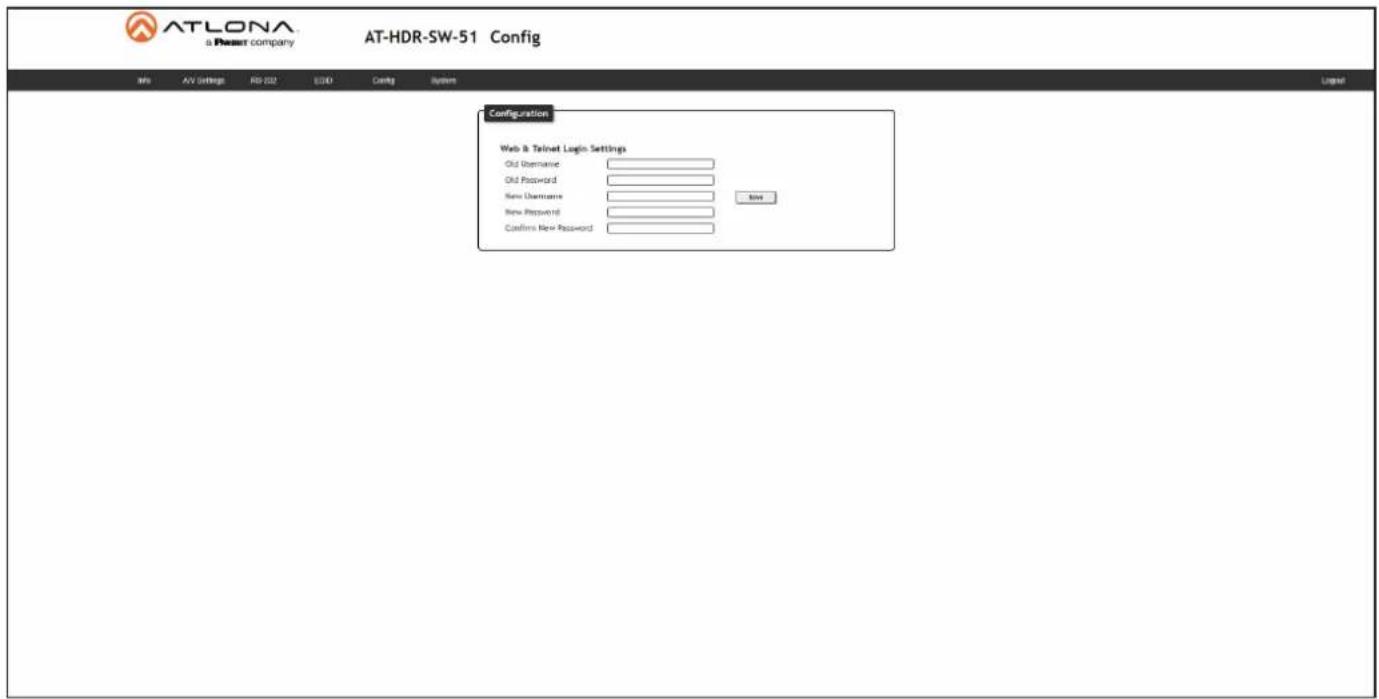 ATLONA a Resort company AT-HDR-SW-51 Config Info AV Settings RS 202 ESD Config System Configuration Web & Tailnet Logic Settings Old Genome Old Password New Genome New Password Confirms New Password New