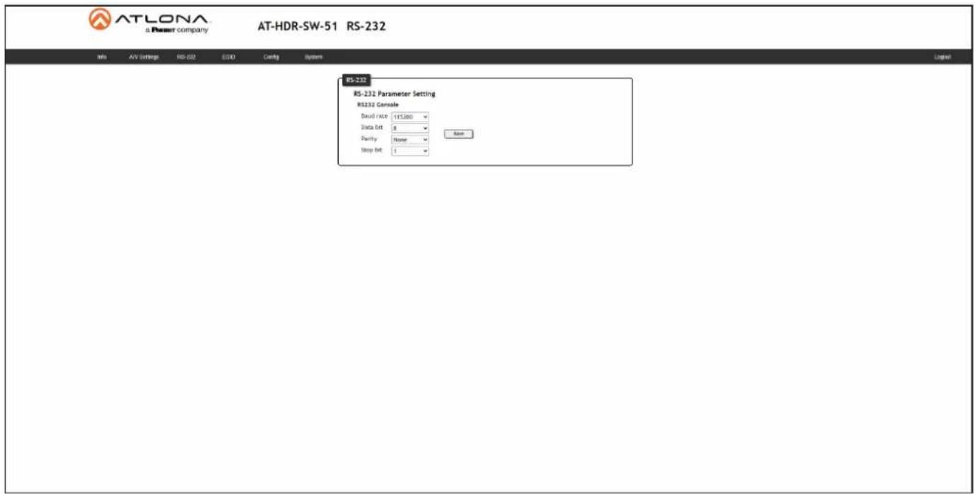 ATLONA a Power company AT-HDR-SW-51 RS-232 RS-232 RS-232 Parameter Setting RS232 Console Dead rate 115000 Data bit 8 Parity None Stop bit 1 Raw