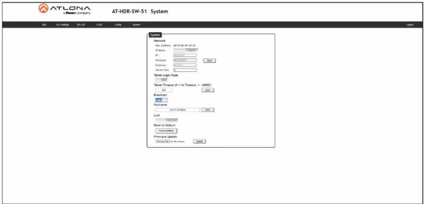 ATLONA a Resort company AT-HDR-SW-51 System Info AV Settings MS-202 EBITD Config System System Network MAC Address: 08-16-00 07-AD-25 IP Mode: IP: 95.38.04.27 Network: 000.00.00.00 Gateway: 95.38.04.27 Talent Port: 0 Talent Login Mode Talent Timeout (0 = No Timeout, 1 - 60000) 300 Foot Broadcast Hostname WtSt-07A026 Next Lock Reset to Default Factory Default Firmware Update Choose File > No Event Update