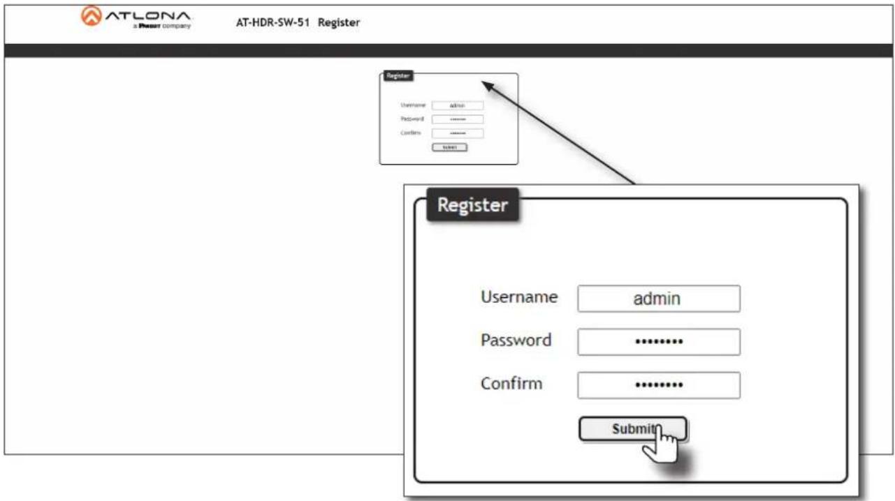 ATLONA a Deaur company AT-HDR-SW-51 Register Register Username admin Password .......... Confirm .......... ... Submit Register Username admin Password .......... Confirm .......... ...... Submit
