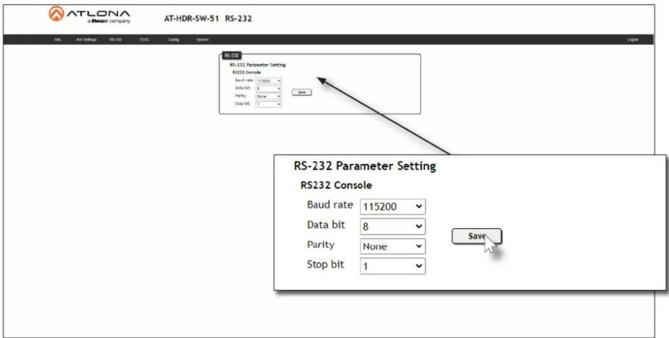 ATLONA a Power company AT-HDR-SW-51 RS-232 Info AV Settings RS-232 EDD Control System RS-232 RS-232 Parameter Setting RS232 Console Baud rate 115000 Data bit 8 Parity None Stop bit 1 Save RS-232 Parameter Setting RS232 Console Baud rate 115200 Data bit 8 Parity None Stop bit 1 Save
