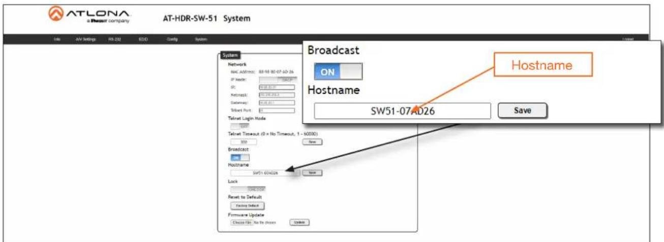 ATLONA a Pheaur company AT-HDR-SW-51 System File AV Settings RS-232 EDD Config System Network MAC Address: 88-98 80-07-AD-26 IP User: 5000 SP: 0.0000 Retina: 0.0000/0.0 Setminus: 0.0000/0.0 Telnet Port: 0 Telnet Login Mode: 100% Telnet Timeout (0 x No Timeout, 1 - 90000) 300 New Broadcast on Hozname SW51-07AD26 Lock TWO-DOCK Reset to Default Facing Default Firmware Update Check FSB: No file choice Update Broadcast ON Hostname SW51-07AD26 Save Hostname