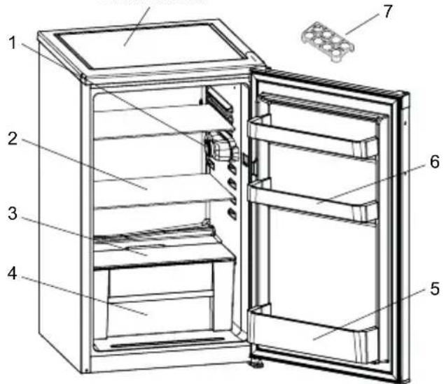 Technical diagram of an open refrigerator with numbered parts for identification