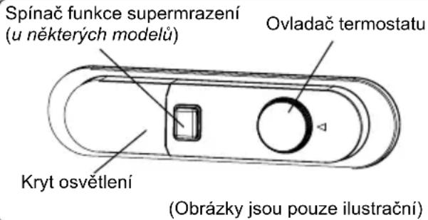 Spínač funkce supermrazení (u některých modelů) Ovladač termostatu Kryt osvětlení (Obrázky jsou pouze ilustrační)