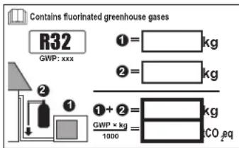 Contains fluorinated greenhouse gases R32 GWP: xxx ①= kg ②= kg ①+②= kg GWP × kg 1000 CO₂eq