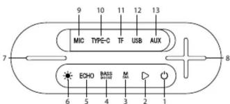 9 10 11 12 13 MIC TYPE-C TF USB AUX 7 8 ECHO BASS M 6 5 4 3 2 1