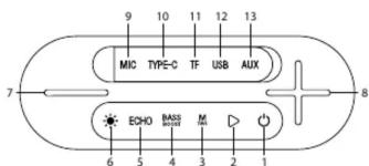 9 10 11 12 13 MIC TYPE-C TF USB AUX 7 8 ECHO BASS M 6 5 4 3 2 1