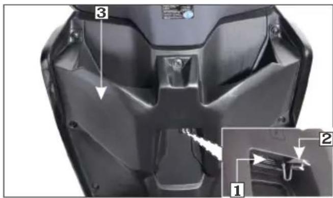 Technical diagram of a motorcycle seat with numbered annotations indicating parts of the body and interior features.