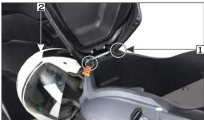 Technical diagram of a scooter seat assembly with numbered components and highlighted parts