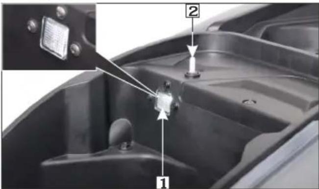 Technical diagram of a car interior with labeled parts and an inset showing a sensor or sensor device.