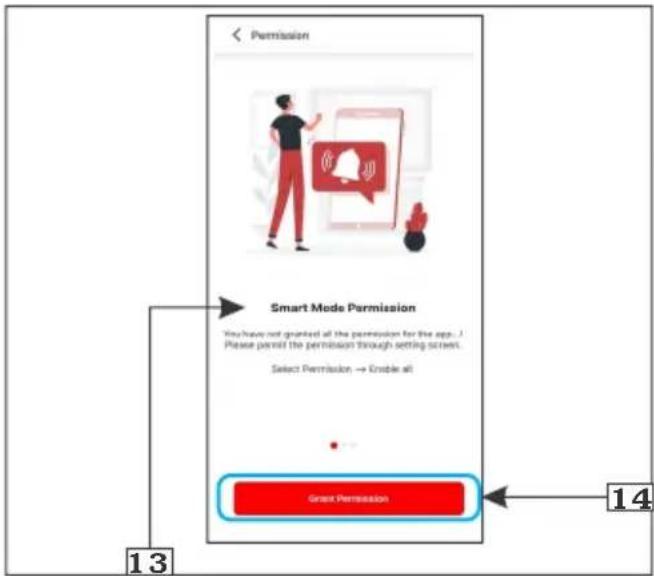 Permission Smart Mode Permission You have not granted all the permission for the app. Please permit the permission through setting screen. Select Permission → Enable all Smart Permission 13 14