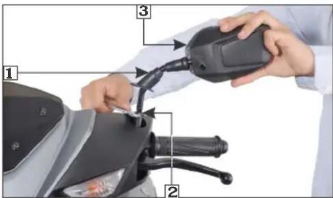 Instructional diagram showing a person using an electric shock absorber to adjust the battery, with labeled parts 1, 2, and 3.