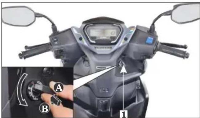 Instructional diagram showing motorcyclist control buttons labeled A, B, and 1 for adjustment or operation.