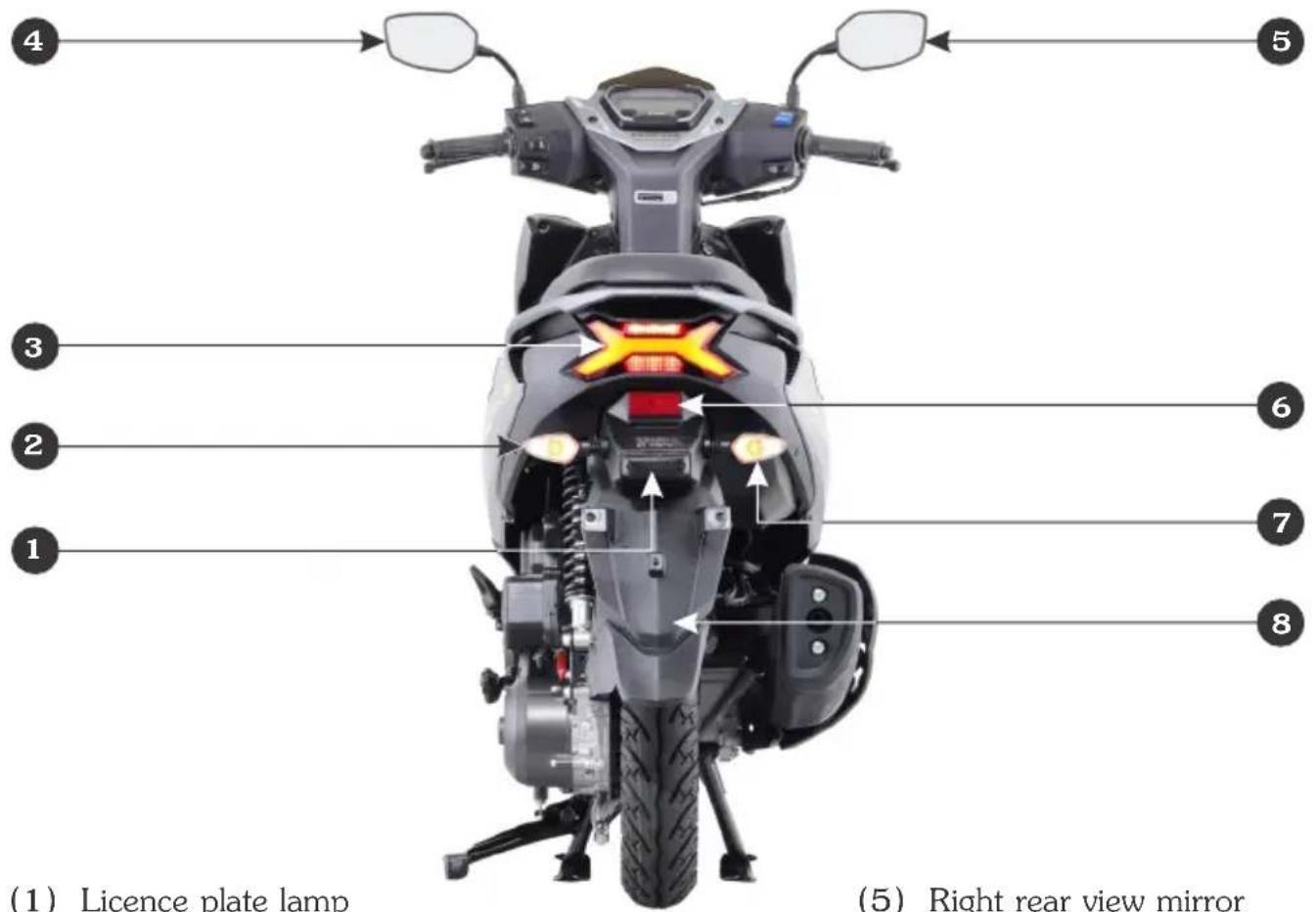 (1) Licence plate lamp (5) Right rear view mirror