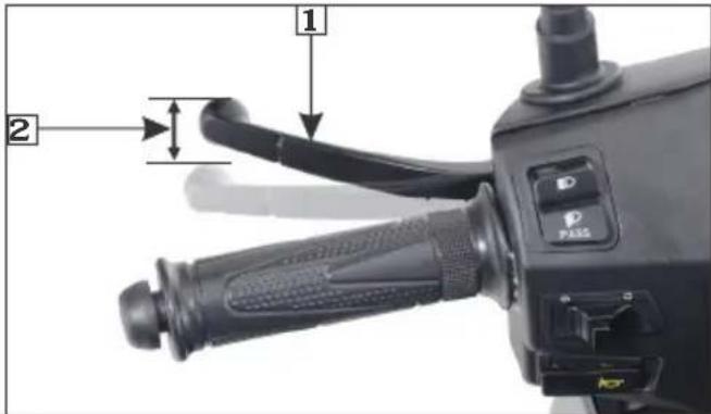 Close-up of a mechanical device's grip and lever mechanism with labeled parts 1 and 2, showing directional arrows and control buttons.
