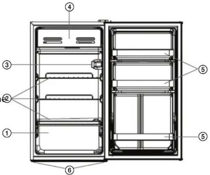 Technical diagram of a refrigerator with numbered components for identification