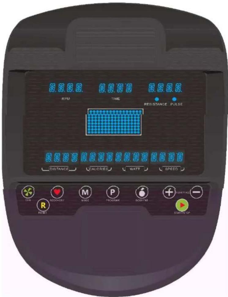 RPM TIME RESISTANCE PULSE DISTANCE CALORIES WATT SPEED TAN RECOVERY M P SCOTTAI + RESET STARTS UP