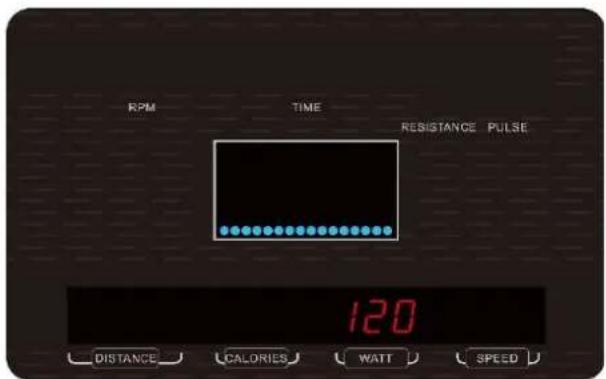 RPM TIME RESISTANCE PULSE 120 DISTANCE CALORIES WATT SPEED