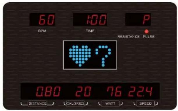 60 RPM 1:00 TIME P RESISTANCE PULSE 080 20 76 224 DISTANCE CALORIES WAIT SPEED