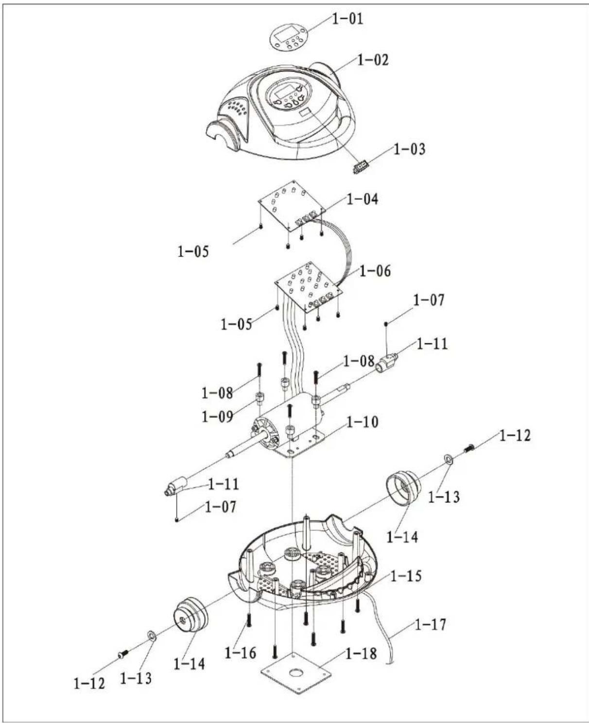 Exploded view diagram of a device with numbered parts, likely an electrical or mechanical assembly.