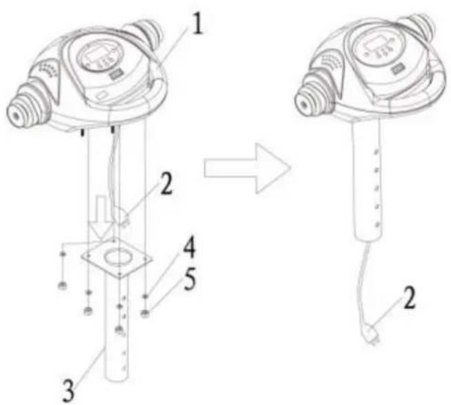 Technical diagram of a device with numbered parts, showing assembly from top to side view