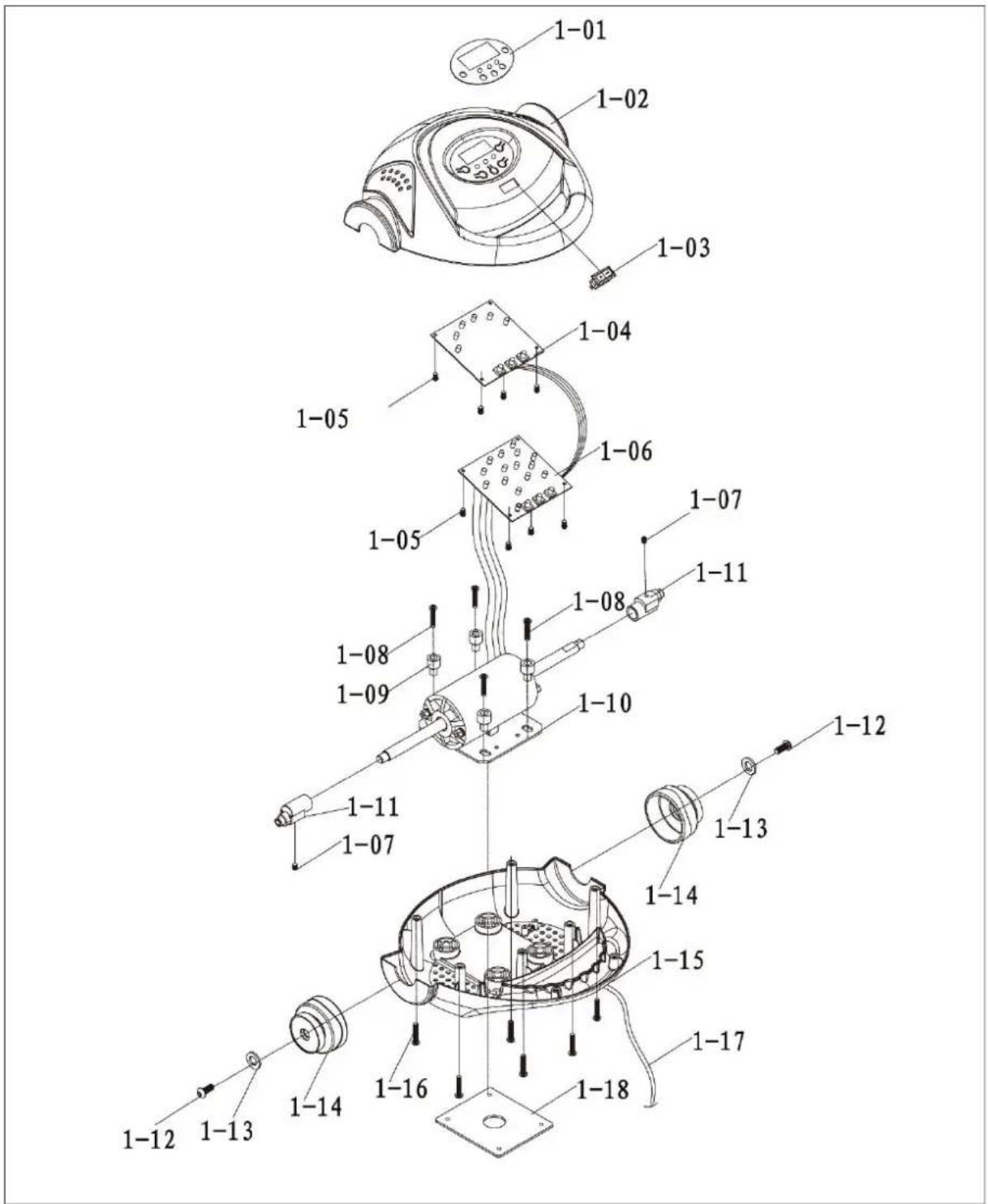 Exploded view diagram of a device with numbered parts, likely an electrical or mechanical assembly.