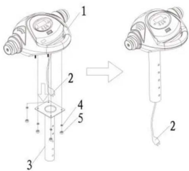 Technical diagram of a device with numbered parts, showing assembly from top to side view