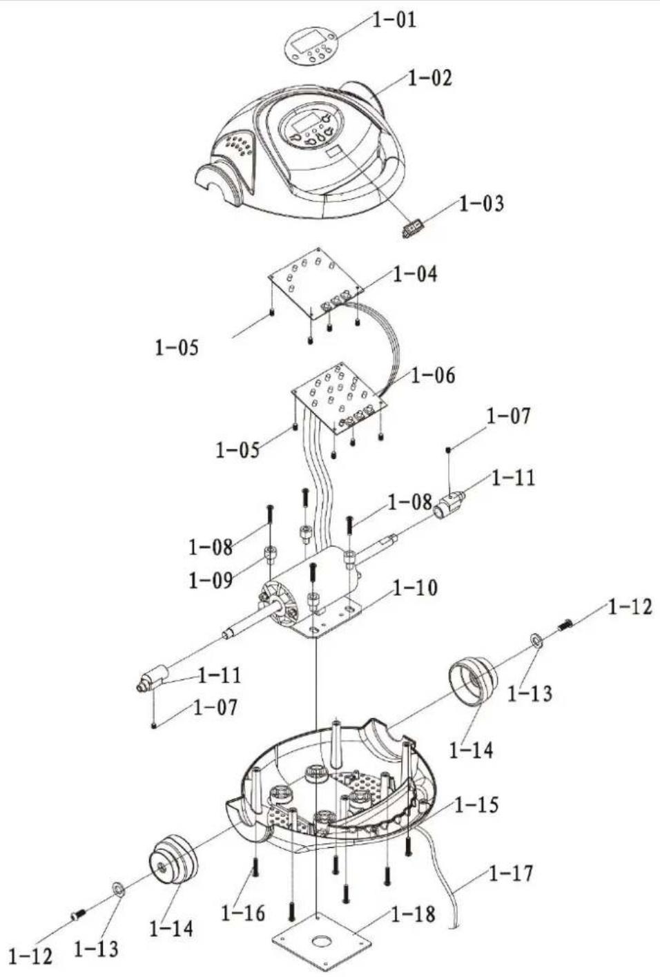 Exploded view diagram of a device with numbered parts, likely an electronic device or sensor assembly.