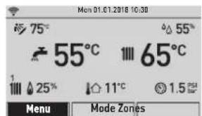 Mon 01.01.2018 10:30 75° 55°C 65°C 1 25% 11°C 1.5° Menu Mode Zones