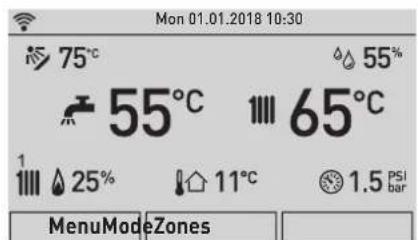 Mon 01.01.2018 10:30 75°C 55°C 65°C 1 25% 11°C 1.5 PSI bar MenuModeZones