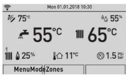 Mon 01.01.2018 10:30 75°C 55°C 65°C 1 25% 11°C 1.5 PSI bar MenuModeZones