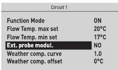 Circuit 1 Function Mode ON Flow Temp. max set 20°C Flow Temp. min set 17°C Ext. probe modul. NO Weather comp. curve 1.0 Weather comp. offset 0°C
