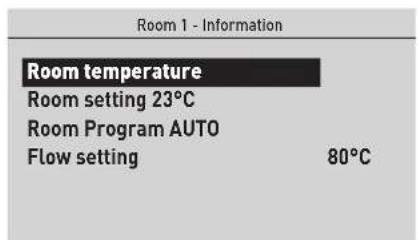 Room 1 - Information Room temperature Room setting 23°C Room Program AUTO Flow setting 80°C