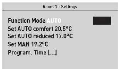 Room 1 - Settings Function Mode AUTO Set AUTO comfort 20.5°C Set AUTO reduced 17.0°C Set MAN 19.2°C Program. Time [...]