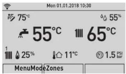 Mon 01.01.2018 10:30 75°C 55°C 65°C 1 25% 11°C 1.5 PSI bar MenuModeZones