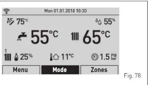 Mon 01.01.2018 10:30 75°C 55°C 65°C 25% 11°C 1.5 PSI bar Menu Mode Zones Fig. 78