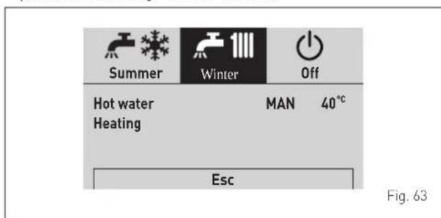 Summer Winter Off Hot water HEating MAN 40°C Esc Fig. 63