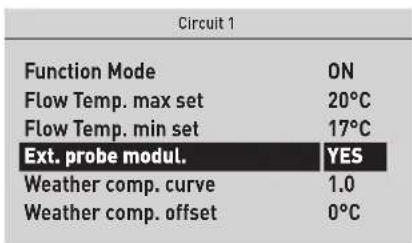 Circuit 1 Function Mode ON Flow Temp. max set 20°C Flow Temp. min set 17°C Ext. probe modul. YES Weather comp. curve 1.0 Weather comp. offset 0°C