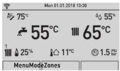 Mon 01.01.2018 10:30 75°C 55% 55°C 65°C 1 25% 11°C 1.5 PSI bar MenuModeZones