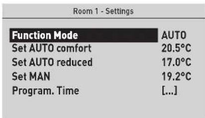 Room 1 - Settings Function Mode AUTO Set AUTO comfort 20.5°C Set AUTO reduced 17.0°C Set MAN 19.2°C Program. Time [...]