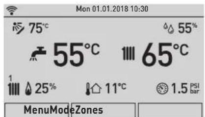 Mon 01.01.2018 10:30 75°C 55°C 65°C 1 25% 11°C 1.5 PSI bar MenuModeZones